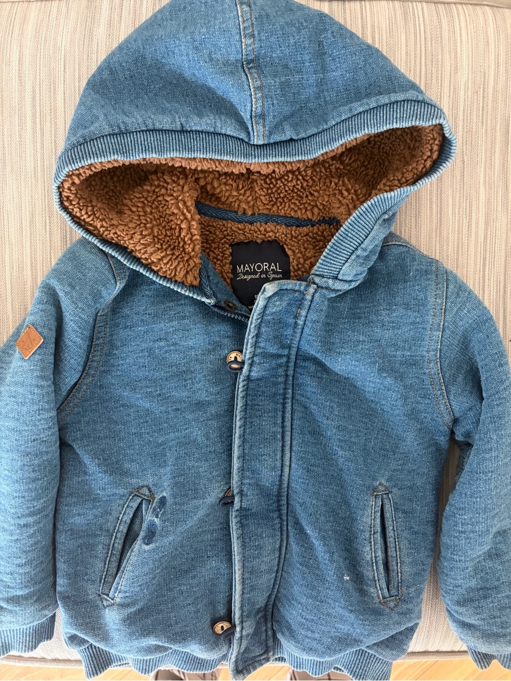 Mayoral Blue Denim-Look Hooded Jacket with Brown Sherpa Lining
